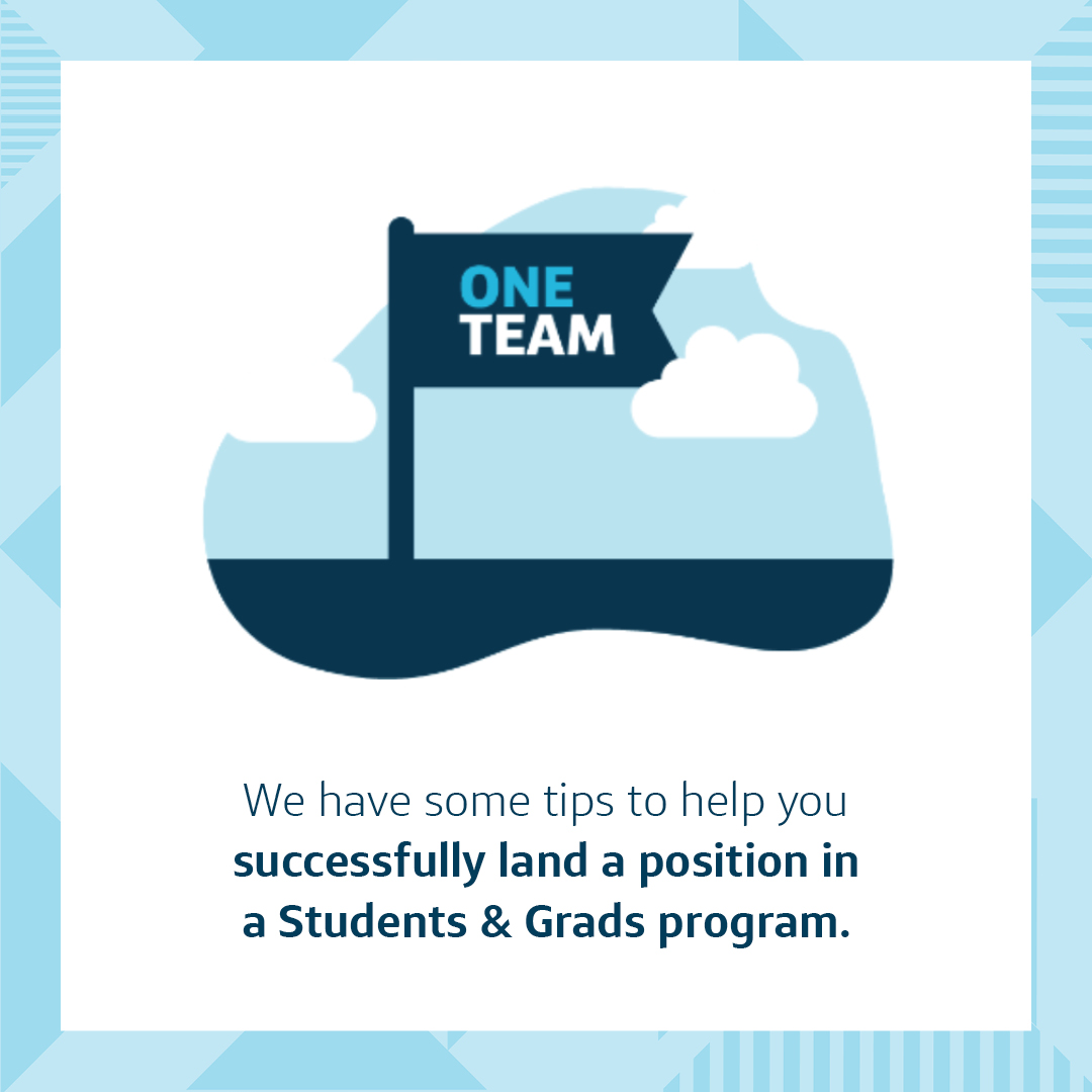 Capital One animated graphic picture that has a flag waving in front of clouds that says "ONE TEAM" and the words below, "We have some tips to help you successfully land a position in a Students & Grads program." with a Capital One light and medium blue triangular border
